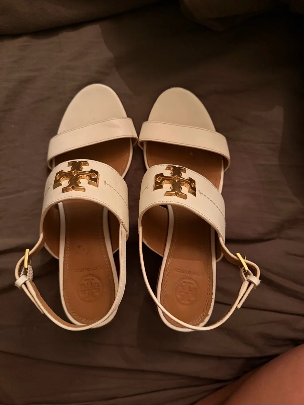 Tory Burch Cream Leather Logo Slingback Sandals